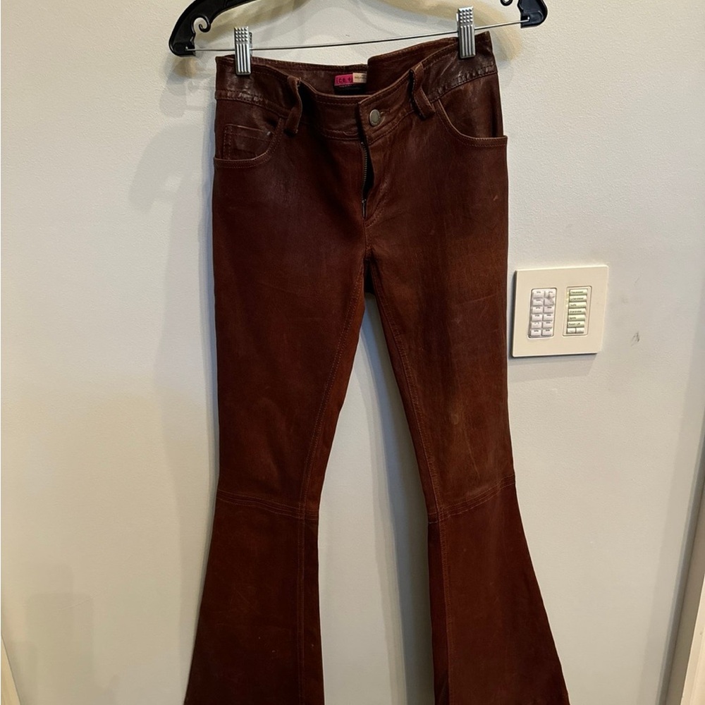 Alice + Olivia Brown Leather Flared Jeans